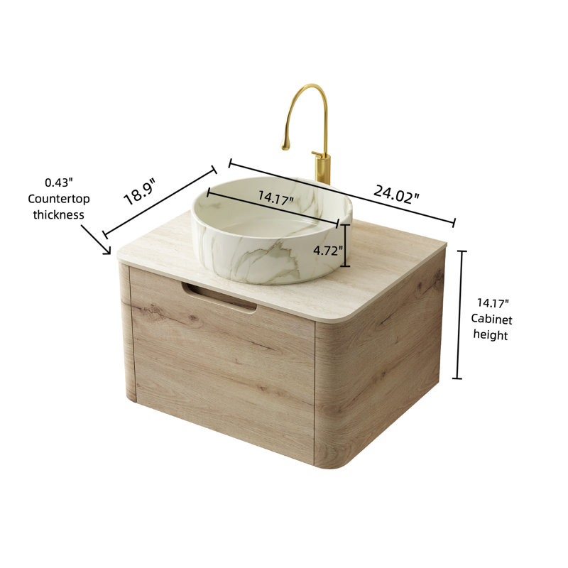 Meuble-lavabo flottant avec vasque en céramique blanche matte de haute qualité, comptoir en pierre frittée à motif, armoire de rangement en contreplaqué, tiroir à fermeture silencieuse silencieuse, couleur chêne, pré-assemblé pour plus de facilité