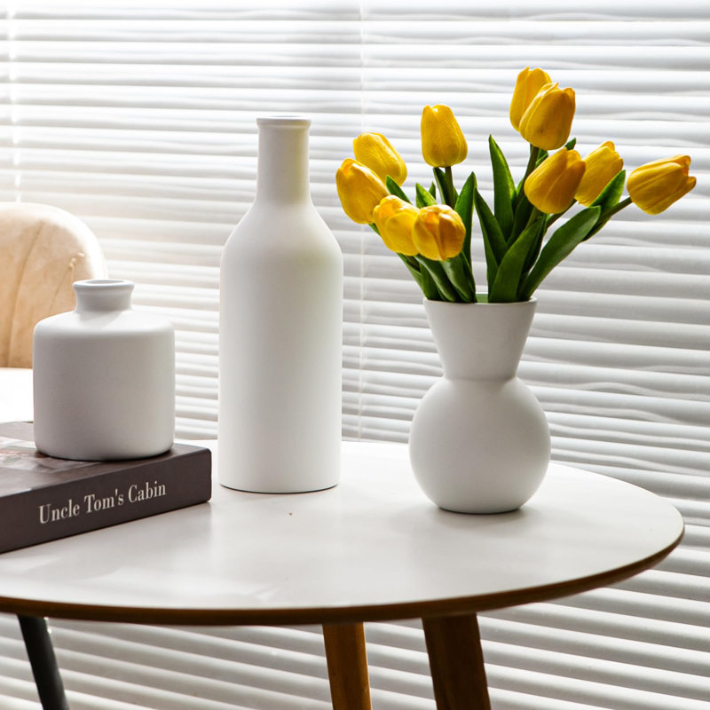 Ensemble de vases en céramique 3 pièces avec 8 tiges de pompon beige, Blanc