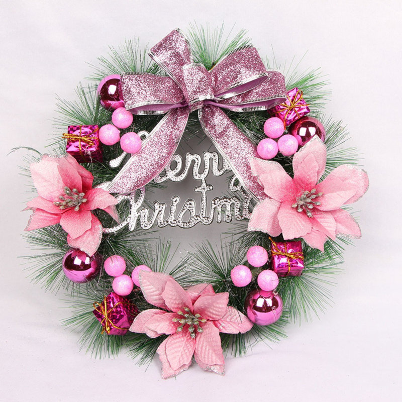 Guirlande de Noël 11,8 pouces pour porte d'entrée avec nœud papillon, décorations de Noël pour la maison, Rose