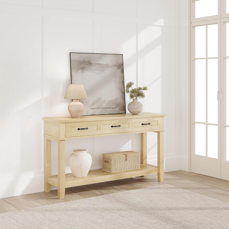 Console Table with 3 Drawers & Open Storage Shelf, 2-Tier Farmhouse Wooden Couch Table Behind Sofa, for Entryway, Living Room, Hallway & Foyer