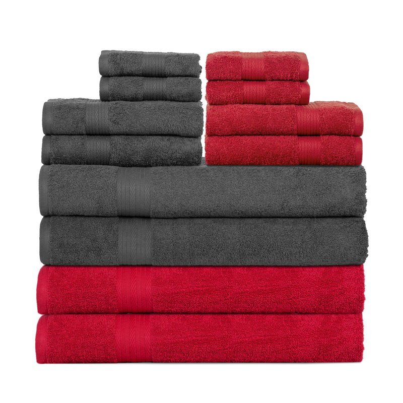 Ensemble de 12 serviettes de bain 100% coton à séchage rapide, Gris/rouge
