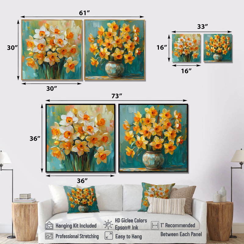 Bloom, blanc, orange, nature morte, jonquilles I - jonquilles, art mural - ensemble d'art mural traditionnel 2 pièces