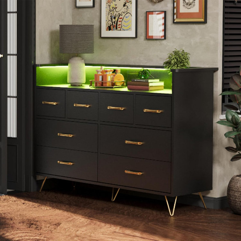 Commode 8 tiroirs avec lumière DEL et station de charge, Doré, Noir