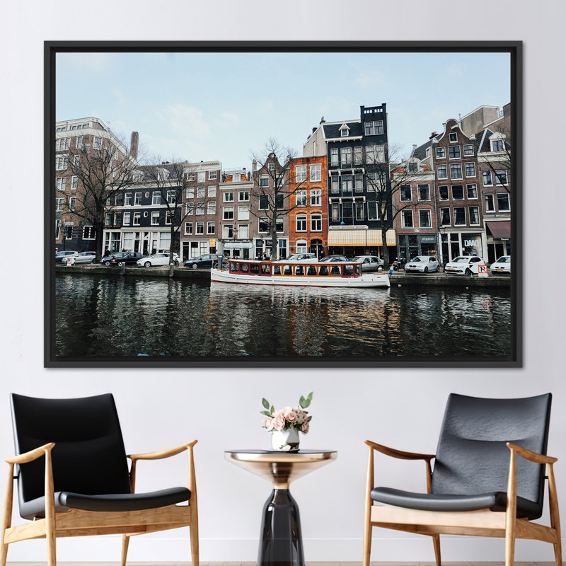 Amsterdam Winter Scene 3D Canvas Wall Art - Modern Netherlands Canal Print Decor, 20 cm H x 30 cm W, Black Floater Framed