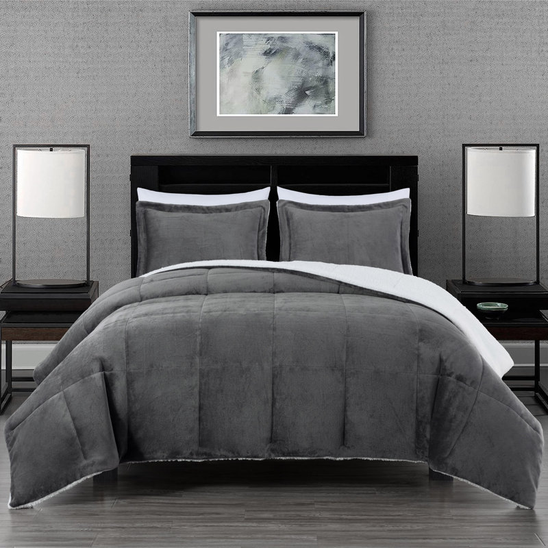 3-Piece Micromink And Sherpa Reversible Comforter Set, King Comforter + 2 King Shams, Chocolate/White