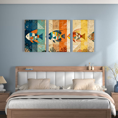 Geometric Fish Abstract Canvas Wrapped Wall Art, Oil Painting Print (Set of 3)