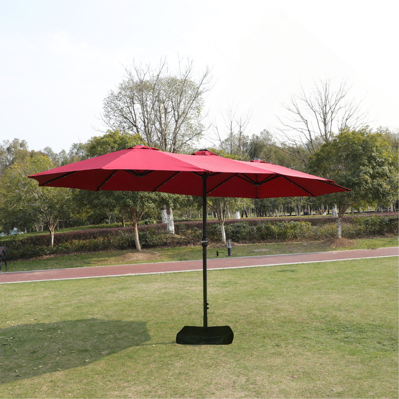Grand parasol rectangulaire double 15 x 9 pi pour l'extérieur avec lumière et base, Rouge