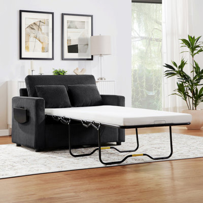 Canapé-lit avec matelas pliable, causeuse avec table d'appoint pliable et deux ports USB pour le salon