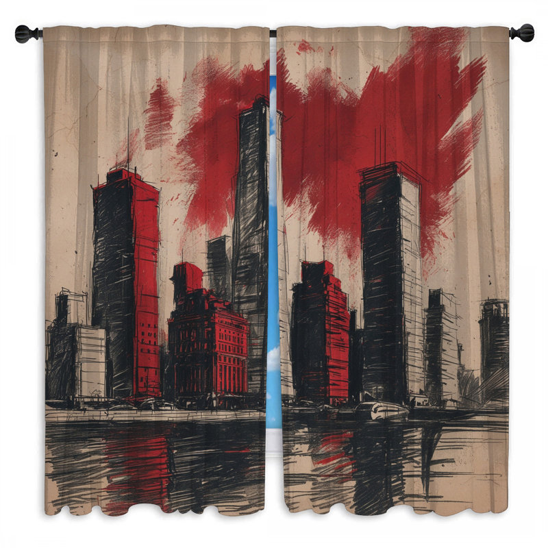 Rideaux rouges et gratte-ciel Red Skyscraper Skyline, 20 po x 50 po - 2 panneaux, Transparent