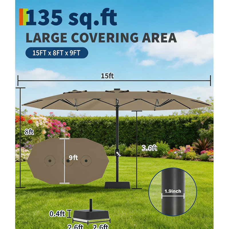 Grand parasol de patio avec base incluse, Brun