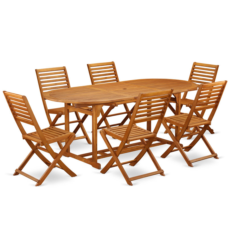 7 Piece Outdoor Patio Dining Sets Consist of an Oval Acacia Wood Table and 6 Folding Side Chairs, 36x78 Inch, Natural Oil