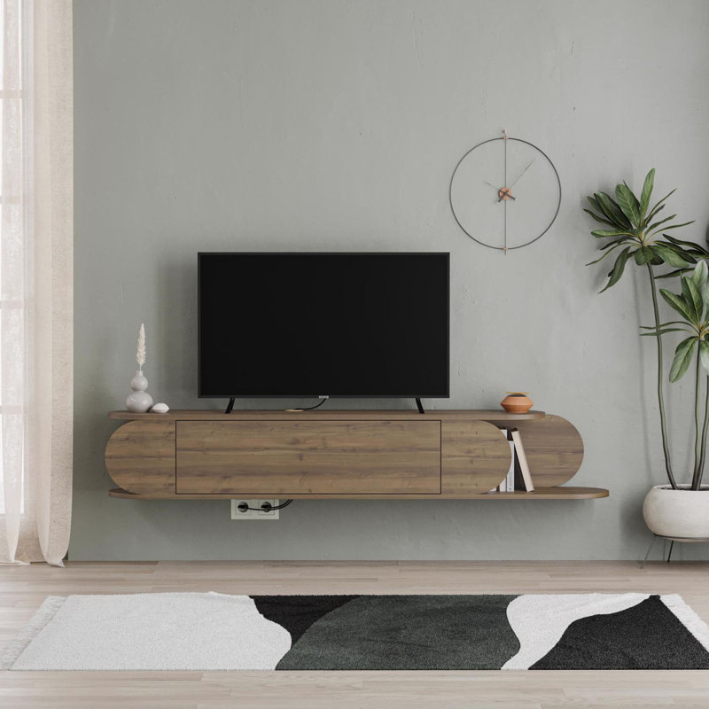 Tone Modern Wall Mounted TV Unit Stand SandsTone with Storage, Brown