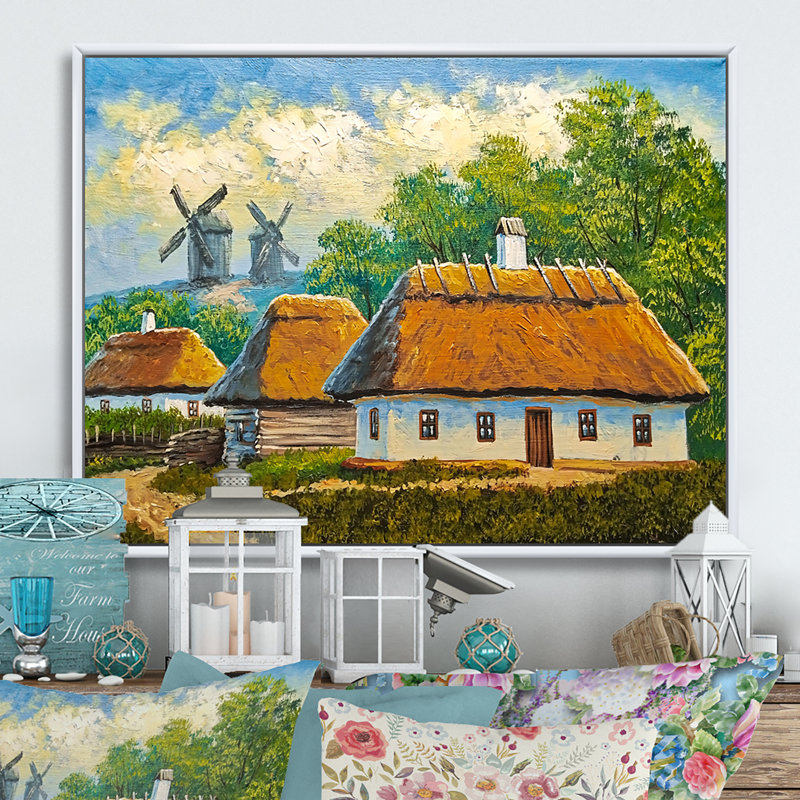 Vieux village rustique, paysage, art mural traditionnel, H 8 po x l 12 po x P 1 po, Cadre flottant blanc
