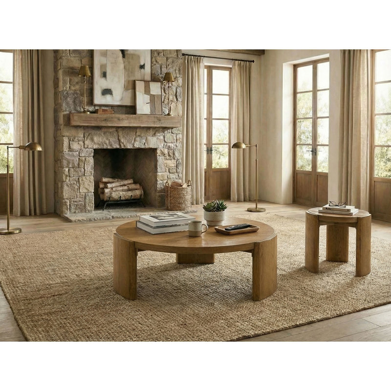 Table basse ronde contemporaine brune, base en noyer, bois d'ingénierie et bois d'hévéa, table d'appoint minimaliste pour salon