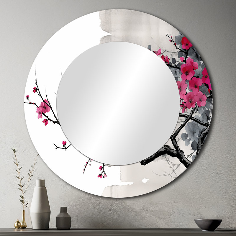 Asian Art Sumi Blossom II - miroir d'art asiatique, miroir mural unique rond, impression sur métal, 23 po x 23 po