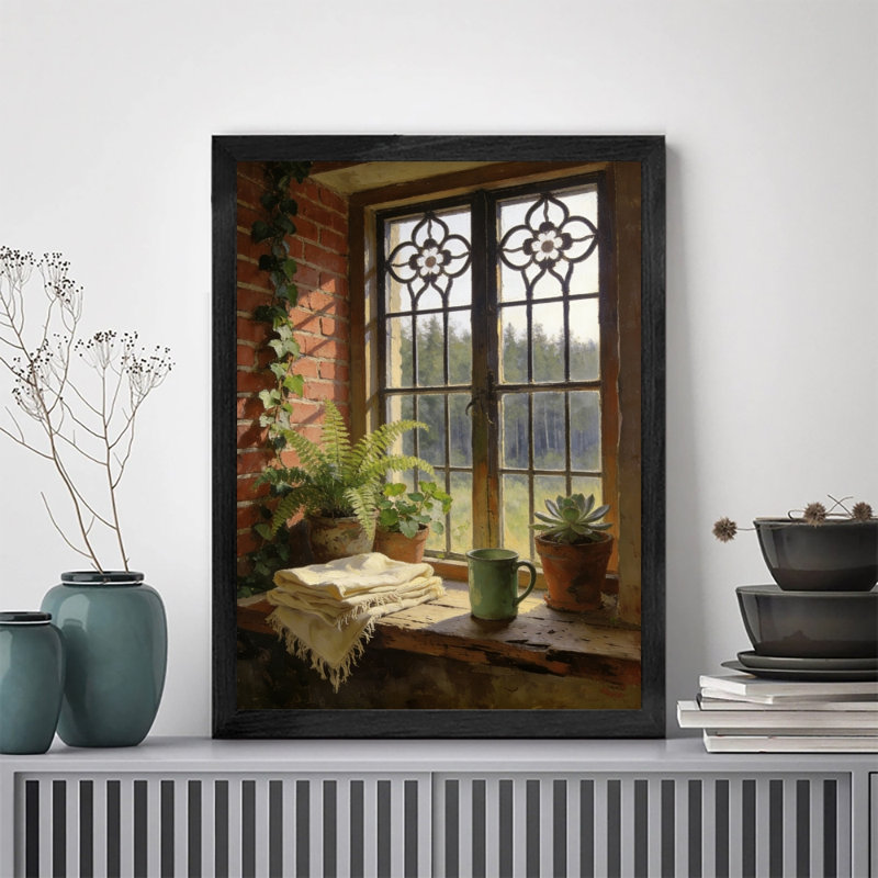 Art rétro encadré noir, vue par la fenêtre, H 11 po x l 9 po