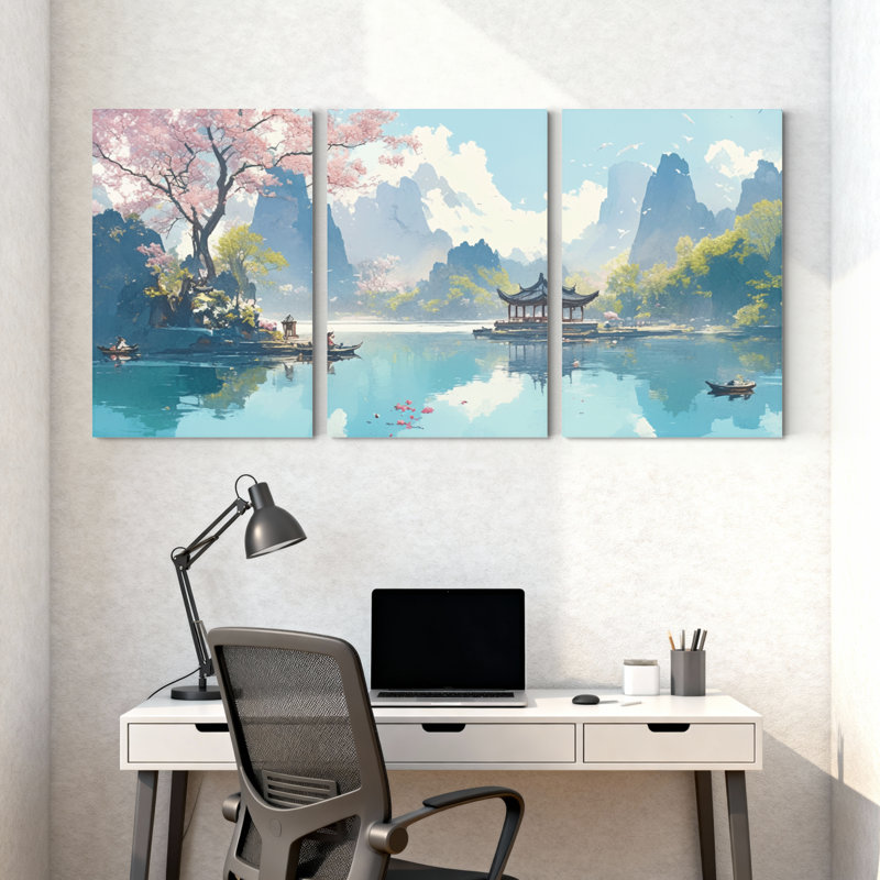 Paysage et nature Cherry Blossom Lake Pavilion Mountains réflexion bateau printemps paysage ensemble de 3 impressions d'art sur toile