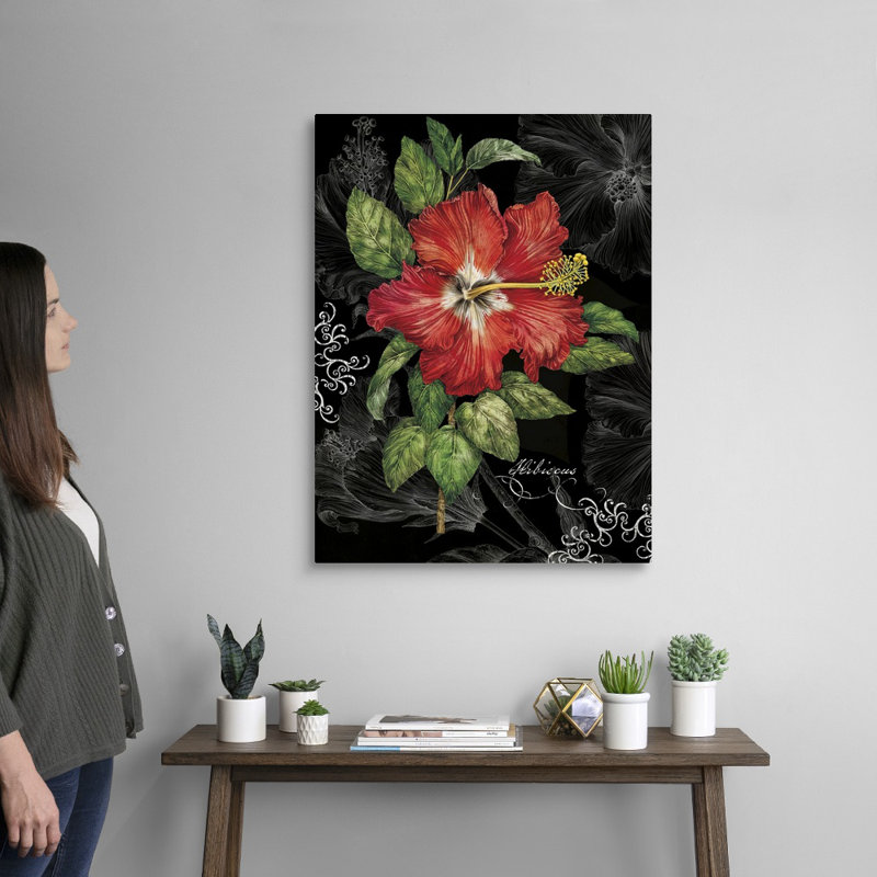 Hibiscus rouge sur toile noire, art mural, Toile tendue, H 32 po x l 24 po x P 1,25 po