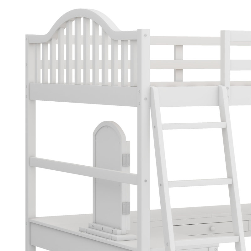 Lit mezzanine en bois avec bureau en U, compartiments de rangement et miroir à trois volets, Blanc