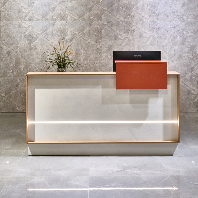 Bureau de réception contemporain en placage de travertin, comptoir lumineux pour hall d'entrée et espaces commerciaux