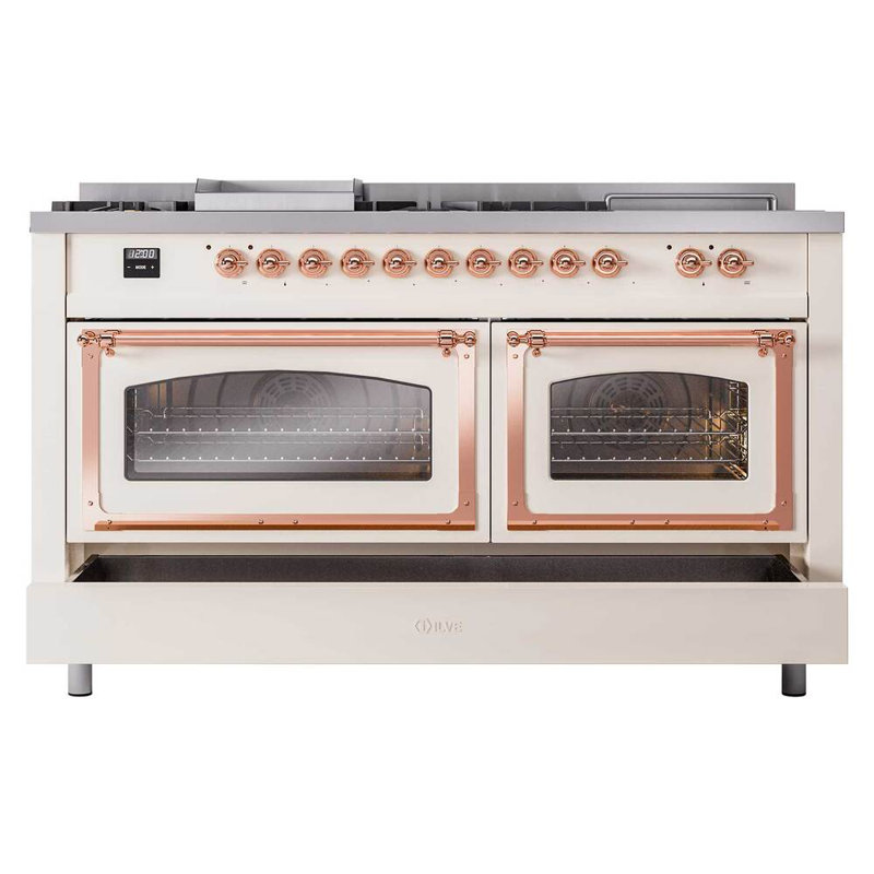 ILVE Nostalgie II Noblesse 60 in Dual Fuel Range 7 Burner, Griddle, Frenchtop, Antique White/Copper, Natural Gas