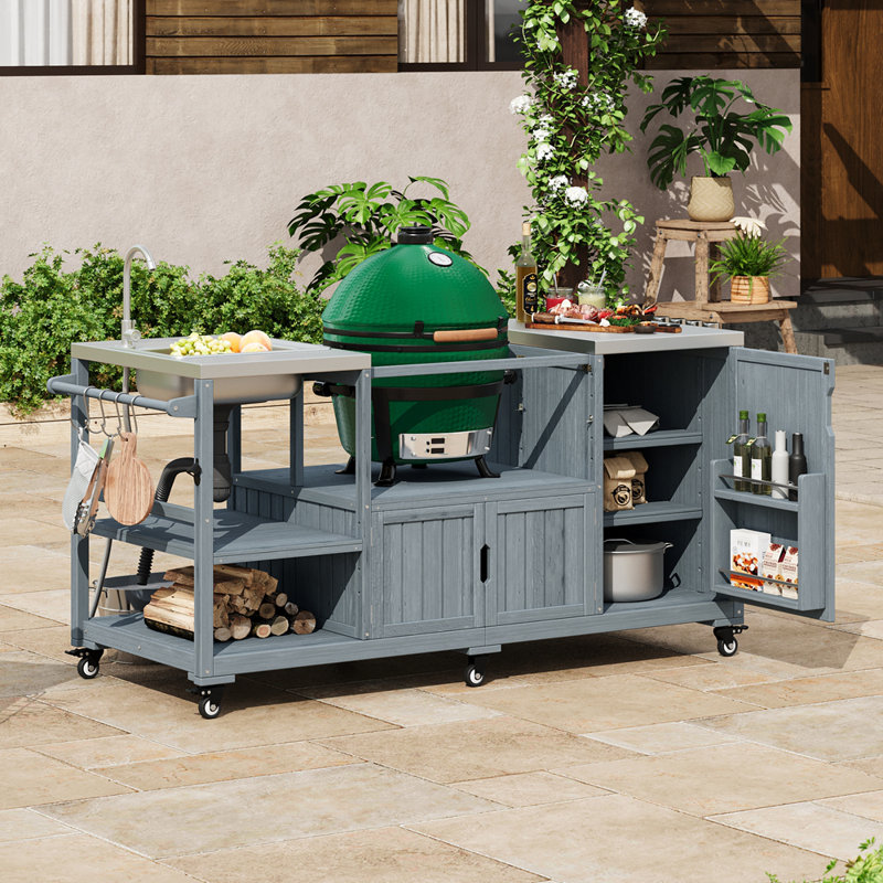75.4" Outdoor Kitchen Island with Sink, Solid Wood Outdoor Grill Cart for XL Egg Grills, Rolling Outdoor Bar Cart with Stainless Steel Top, for Pizza Prep & BBQ, Grey Blue