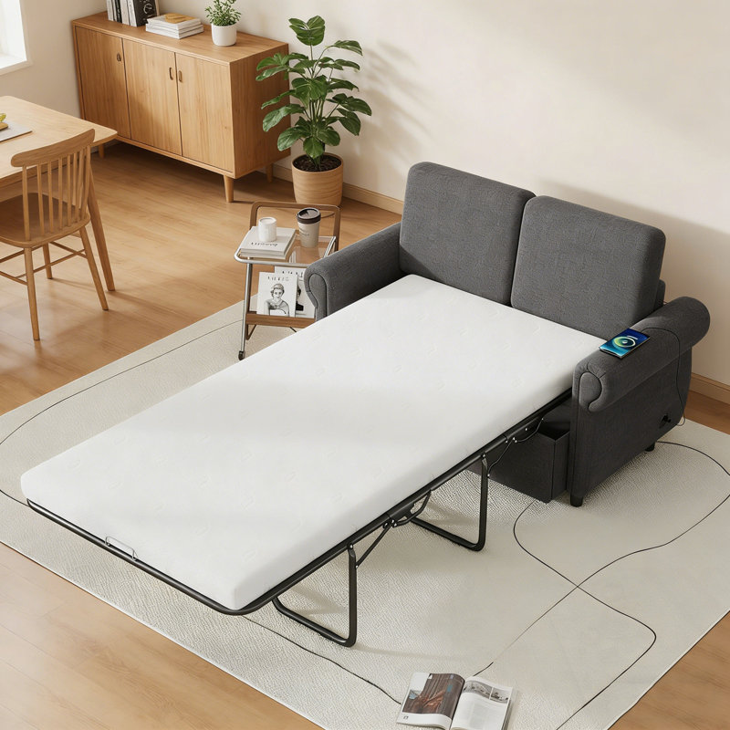 Canapé-lit escamotable avec deux ports USB, Gris