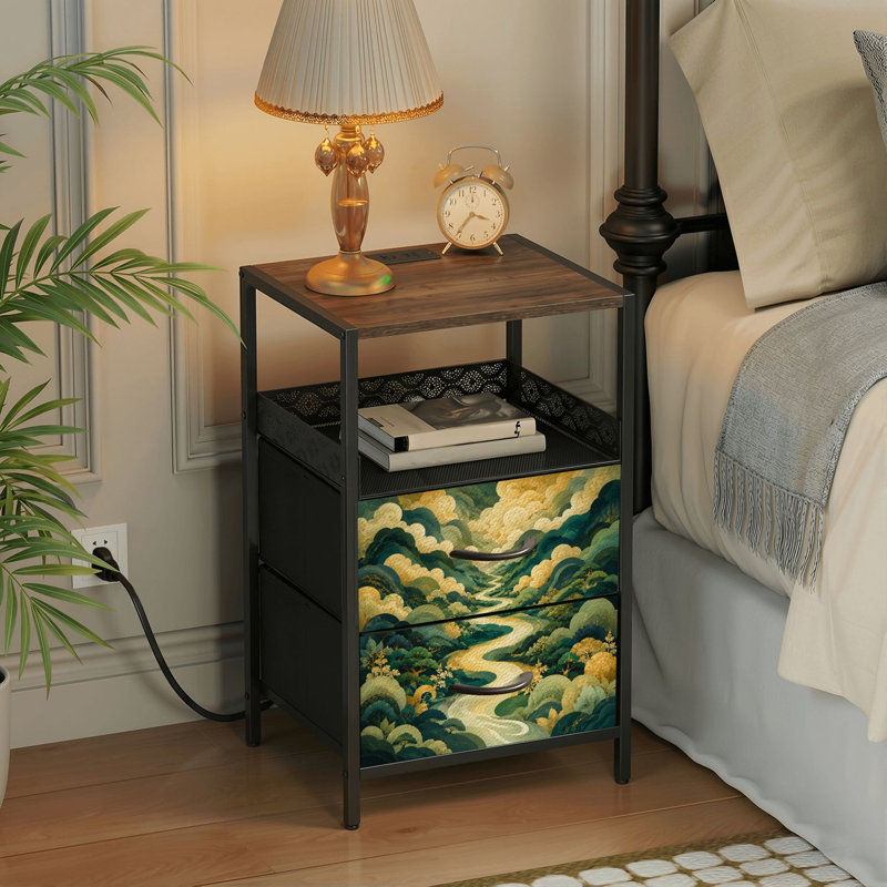 Table de chevet 2 tiroirs avec station de charge, table de chevet pour chambre avec ports USB et amp; Table de chevet noire Outlet