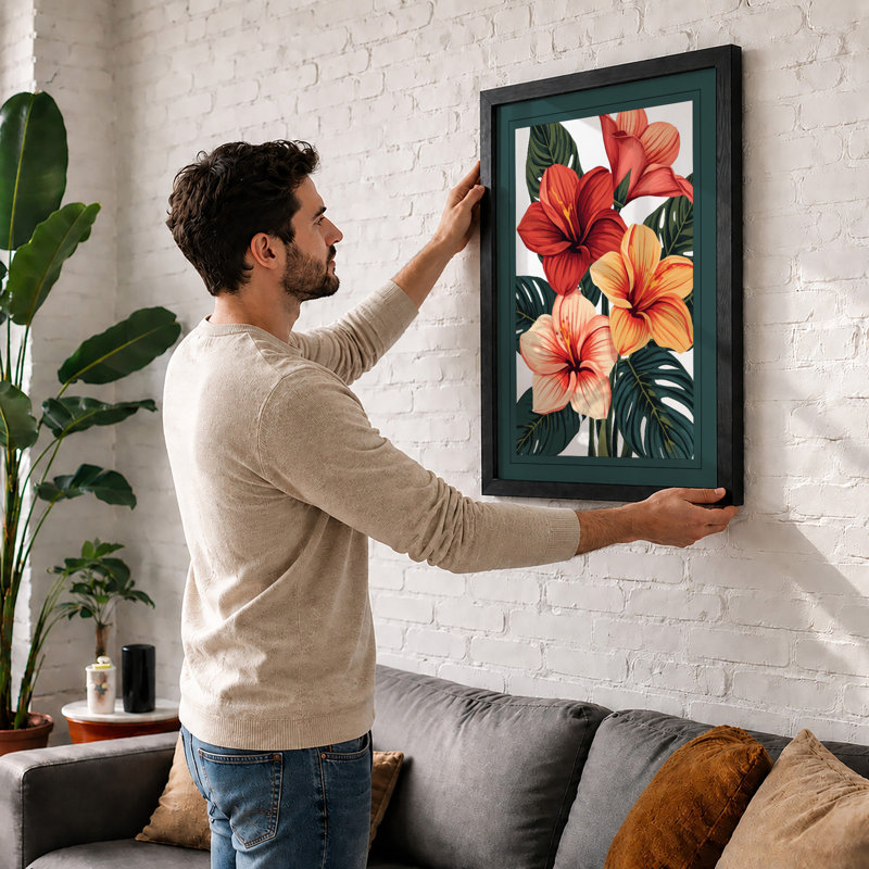 Hibiscus Cluster Botanical - Framed Print, Walnut, A4 - 29.7 x 21.0 cm
