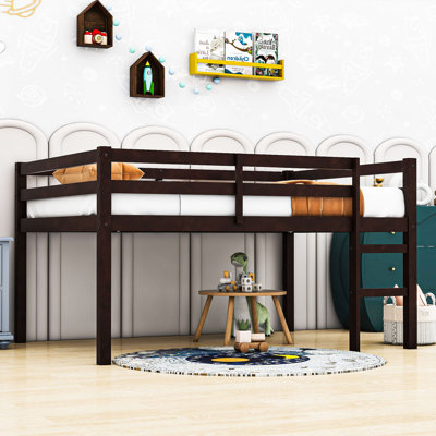 Full Wood Low Loft Bed With Built-In Ladder And Slats