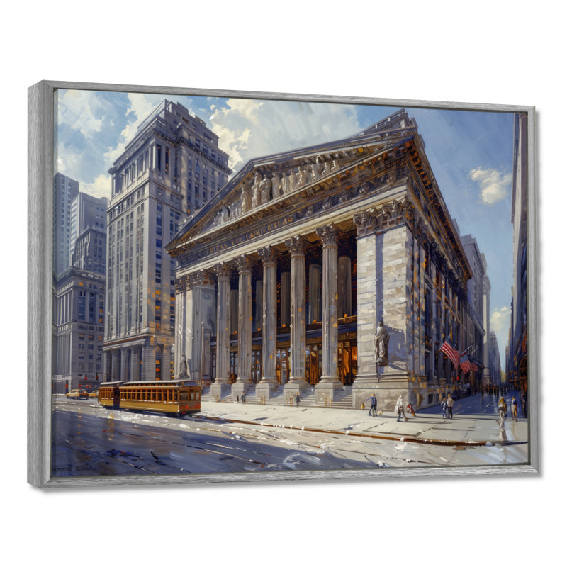 Beige Banks architectural à New York II - décoration murale Banks, Encadrement argenté, H 34 po x l 44 po