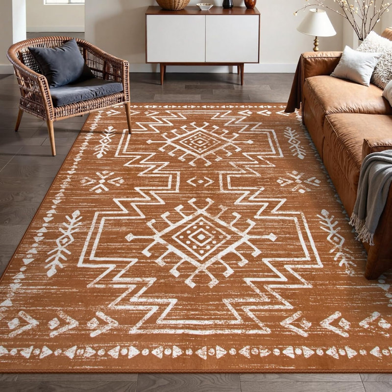 Terracotta White Southwestern Geometric 5 × 7 Ft Area Rug for Entryway Kitchen