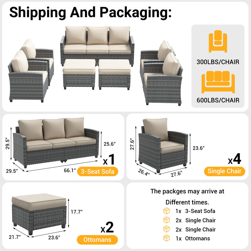 7-Person Outdoor Seating Group With Cushion, Beige, Gray