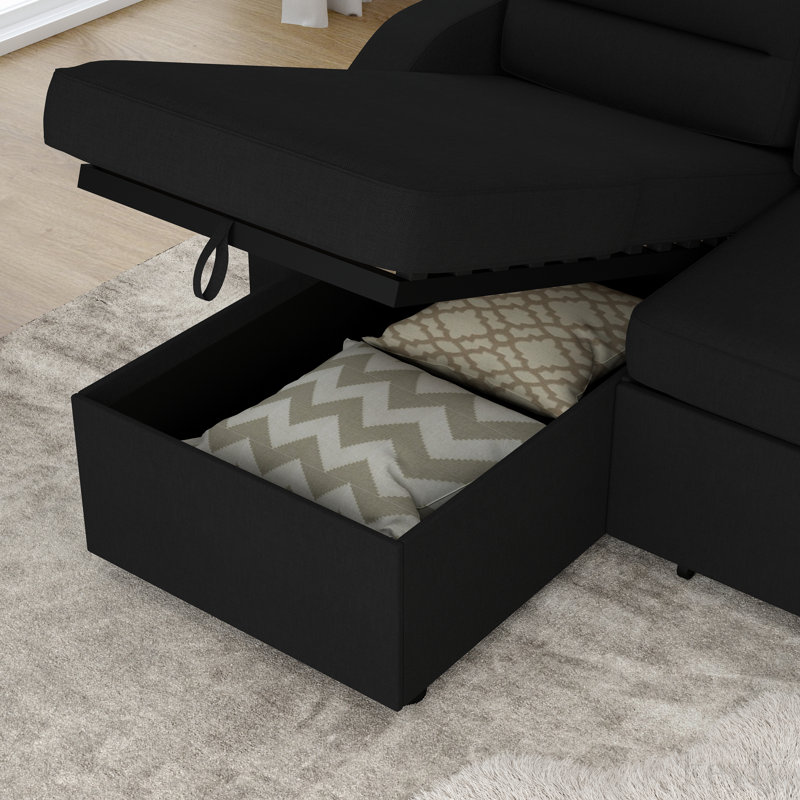 Hermino Upholstered 83.3'' Sofa & Chaise, Black Polyester