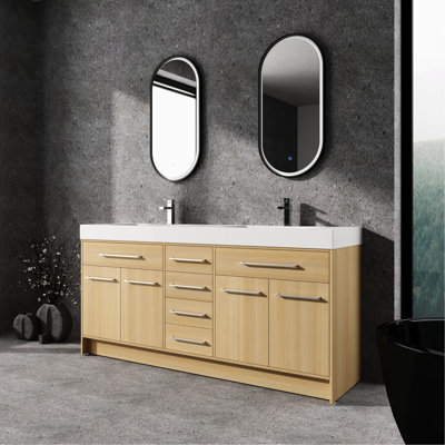 Freestanding 72" Bathroom Vanity In Oak Plywood, 4 Soft - Closing Cabinet Doors, 6 Drawers, Double Resin Sink For Comfortable And Spacious Simple