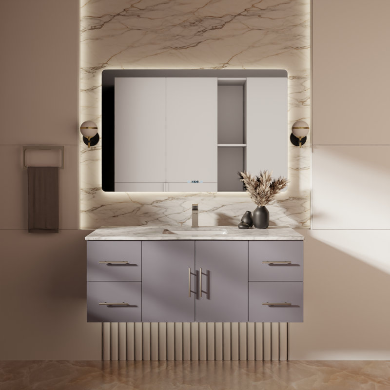Geneva 48" Wall-Mounted Single Bathroom Vanity Set, Dark Gray, White Carrara Marble
