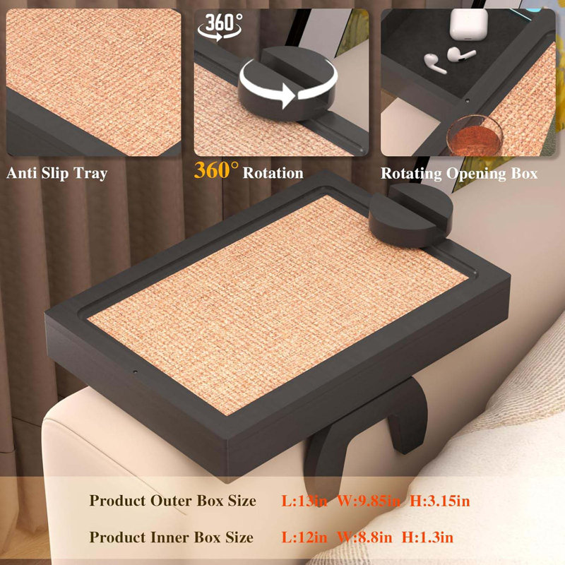 Bamboo Couch Arm Tray With Adjustable Tabletop,Foldable Couch Arm Rest Table For Couch,Non-Slip Couch Arm Table Clip Fits Couch Pillow,Suitable Couch Tray For Snacks,Black