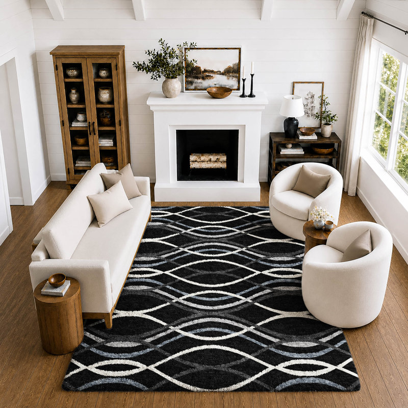 Tapis Dream Shag Waves ADS757, lavable à la machine, de qualité supérieure, Black, 3' x 5'