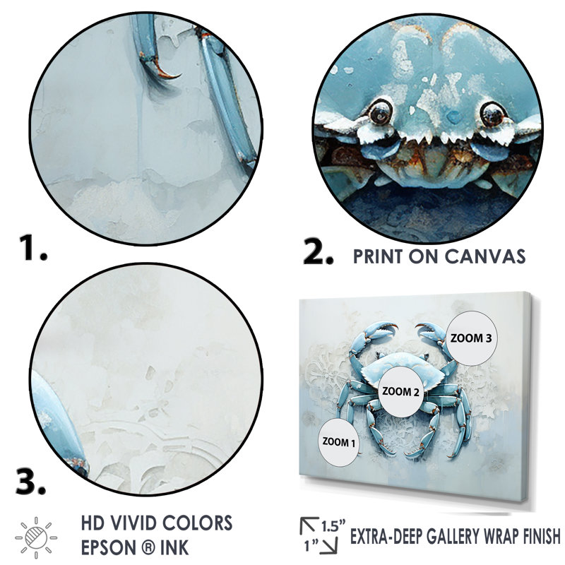 Minimalisme bleu crabe impression I - impression sur toile crabe, H 12 po x l 20 po x P 1 po, Cadre flottant brun