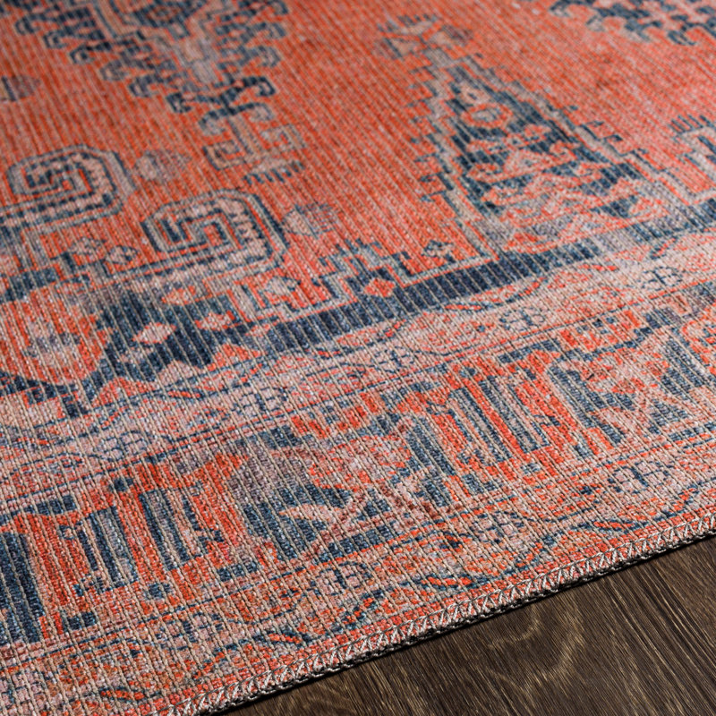 Tapis oriental brûlé orange / bleu lavable à la machine Bria, Tapis de couloir 2 pi 7 po x 10 pi