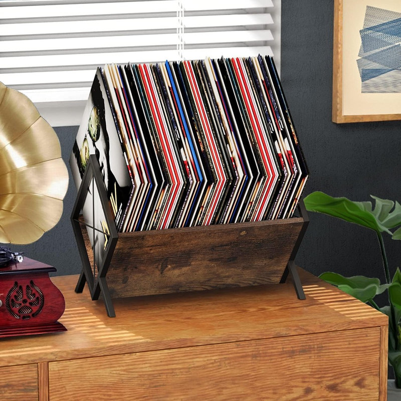 Étagère à disques vinyles à un niveau, capacité de 80 à 100 33 tours, style rétro, brun rustique