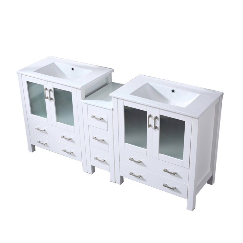 Meuble-lavabo double blanc 72 po X P 18,25 po D, avec armoire latérale et plateau en céramique blanche, Blanc