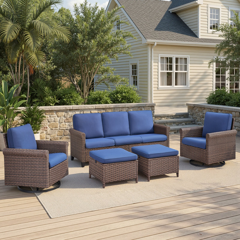 Ensemble de conversation pour canapé d'extérieur en osier 5 pièces avec chaises pivotantes et repose-pieds, Bleu