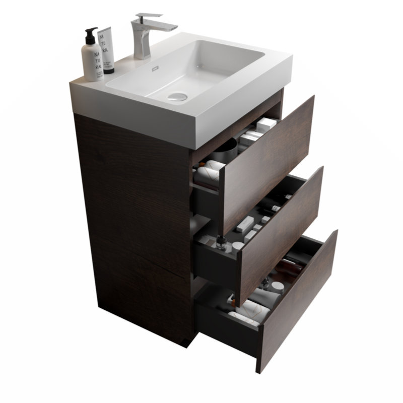 Meuble-lavabo mural simple 24 po avec plateau en mélamine Ciaris, Noyer