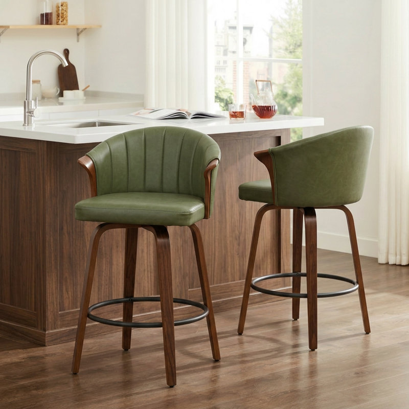 Tabouret de comptoir pivotant rembourré avec structure en bois Devault, Vert