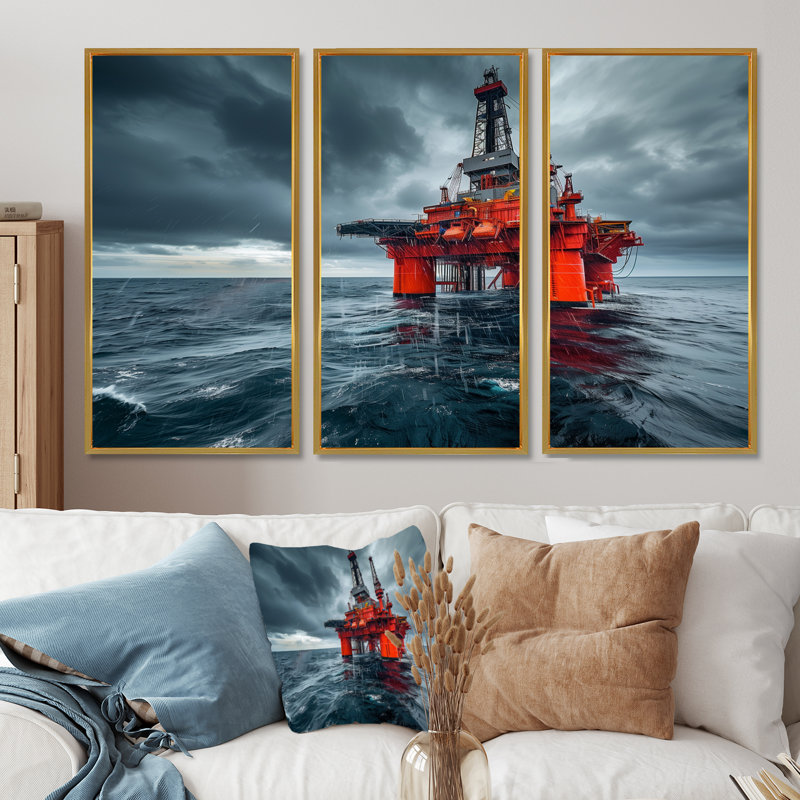 Ensemble de salon mural rouge / gris Winter Drilling Dynamics, Toile avec cadre flottant or, H 40 po x l 60 po x P 1 po