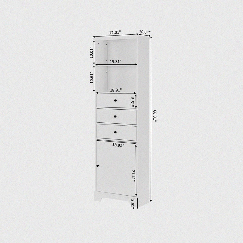 Manylath Freestanding Wooden Storage Linen Cabinet - An Open Shelf, Three Drawers and a Cabinet, White