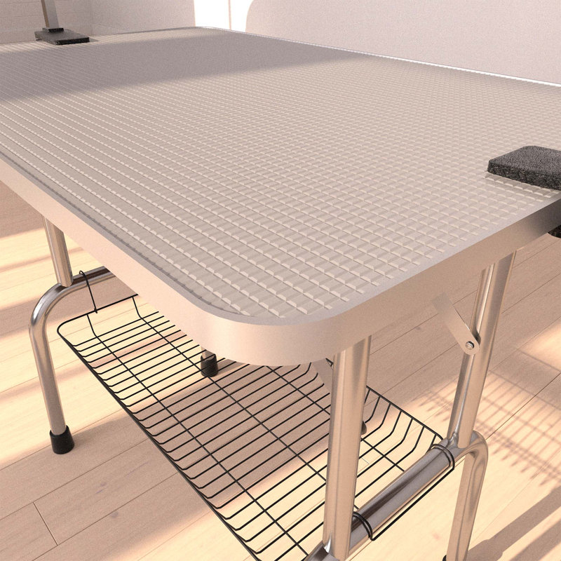 Table de toilettage pour animaux 36 po avec bras réglable, structure en acier inoxydable, surface en caoutchouc antidérapante, gris argenté