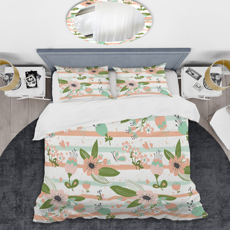 Fleur rose rayée - ensemble de housse de couette abstrait - microfibre de polyester