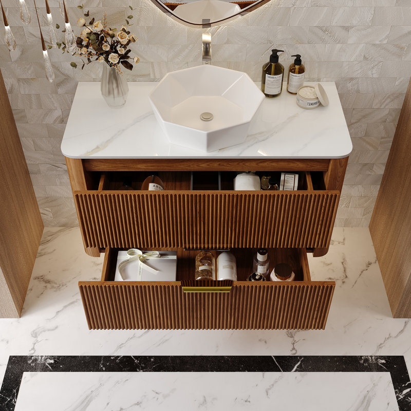 Meuble-lavabo simple 36 po avec plateau en pierre frittée blanche, meuble-lavabo brun avec lavabo irrégulier